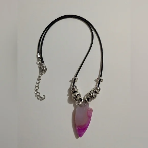 Handmade White & Pink Druzy Arrowhead Silver Beaded Necklace - Picture 9 of 14